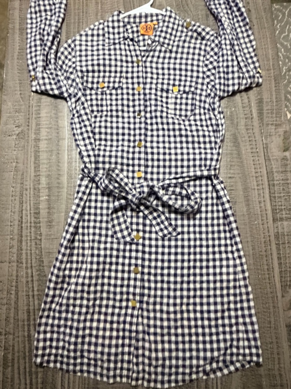 Tory Burch Navy & White Gingham Shirt Dress with Tie Waist